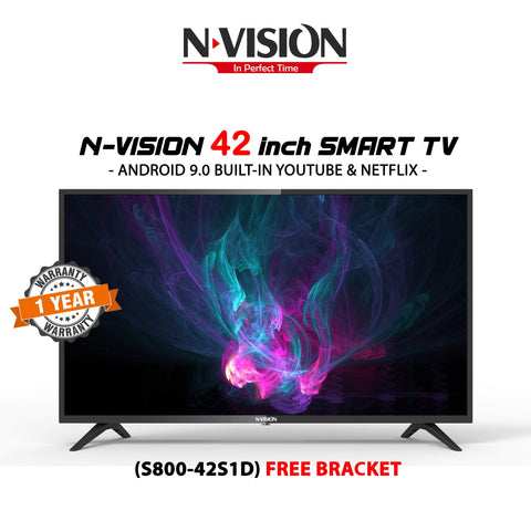 N-Vision Smart TV Nvision 42 inch smart TV Android 9.0 Built-in Youtube&Netflix - (S800-42S1D) FREE BRACKET