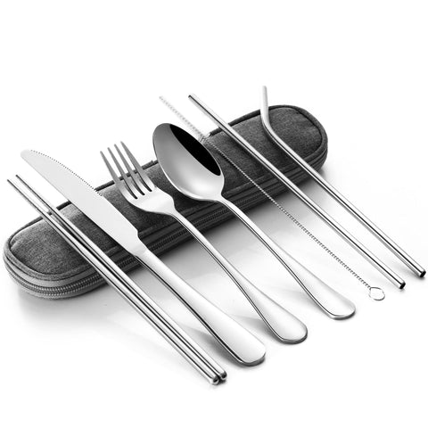 Bigmk 8Pcs/set Tableware Reusable Travel Cutlery Set Camp Utensils Set with stainless steel Spoon Fork Chopsticks Straw Portable casewith Silicone Mouth
