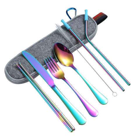 Bigmk Color nozzle with suction pipe 8Pcs/set Tableware Reusable Travel Cutlery Set Camp Utensils Set with stainless steel Spoon Fork Chopsticks Straw Portable casewith Silicone Mouth