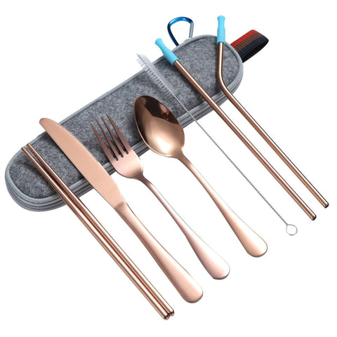 Bigmk Rose gold belt suction nozzle 8Pcs/set Tableware Reusable Travel Cutlery Set Camp Utensils Set with stainless steel Spoon Fork Chopsticks Straw Portable casewith Silicone Mouth